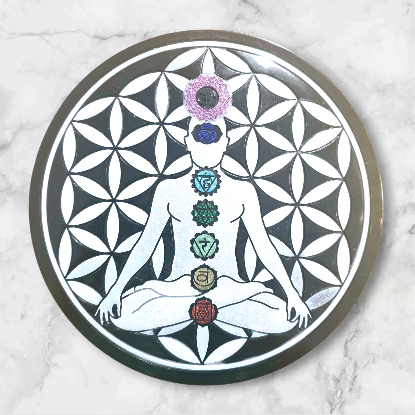 PLATEAU DE RECHARGEMENT FLEUR DE VIE BOUDDHA 7 CHAKRAS