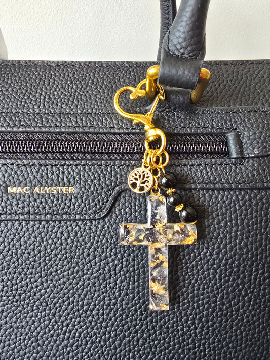 Bijou de sac / porte-clés cristal de roche et obsidienne, croix et arbre de vie