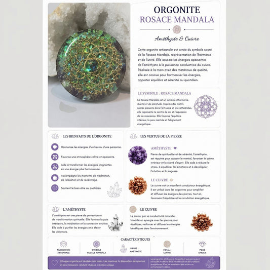 Orgonite AlyJoyCreation ronde avec motif rosace mandala en cuivre et pierres d'améthyste violettes pour la méditation