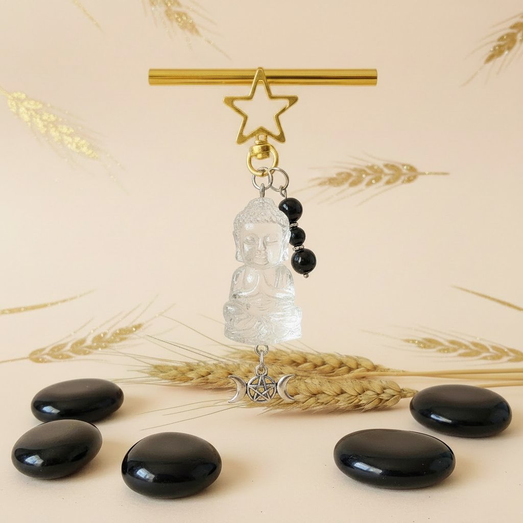 Bijou de sac / porte-clés obsidienne, bouddha