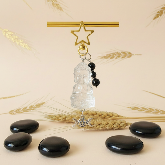 Bijou de sac / porte-clés obsidienne, bouddha