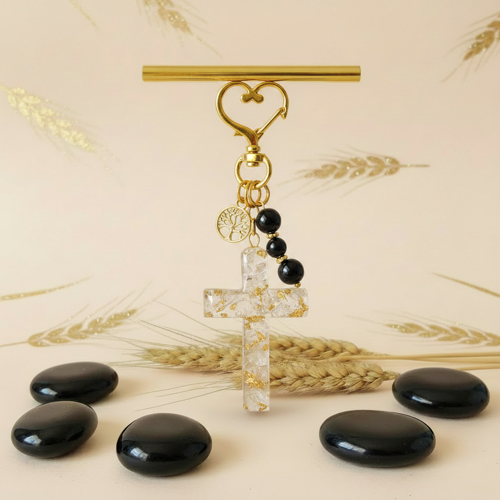 Bijou de sac / porte-clés cristal de roche et obsidienne, croix et arbre de vie