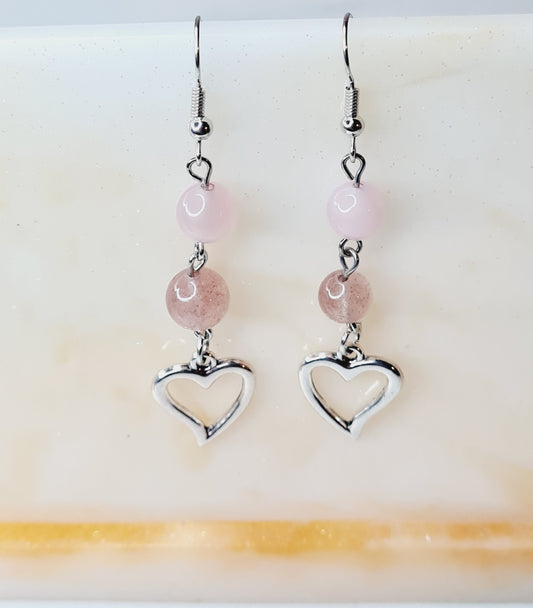 BOUCLES D'OREILLES COEUR QUARTZ ROSE & QUARTZ FRAISE