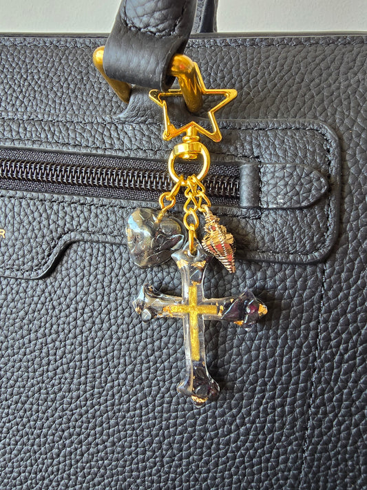 Bijou de sac / porte-clés hématite, coeur et coquillage