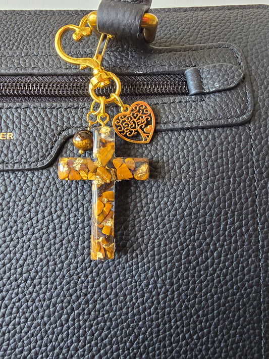 Bijou de sac / porte-clés œil de tigre, croix et arbre de vie
