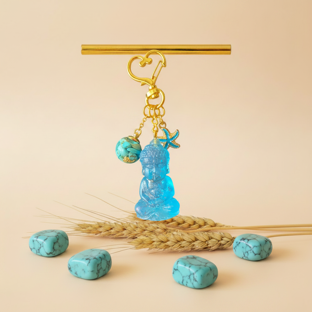 Bijou de sac / porte-clés howlite turquoise, bouddha