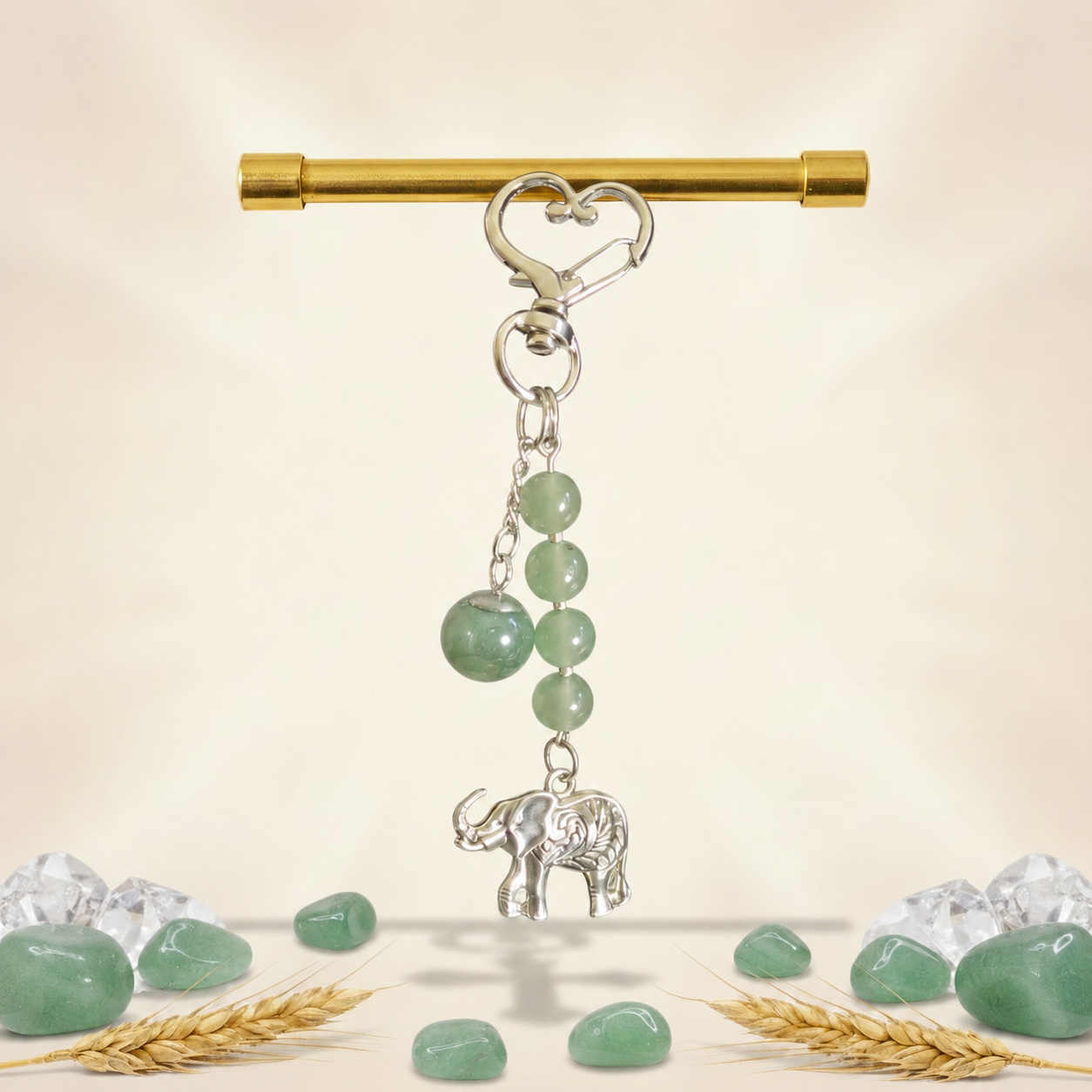 Bijou de sac / porte-clés aventurine verte, éléphant