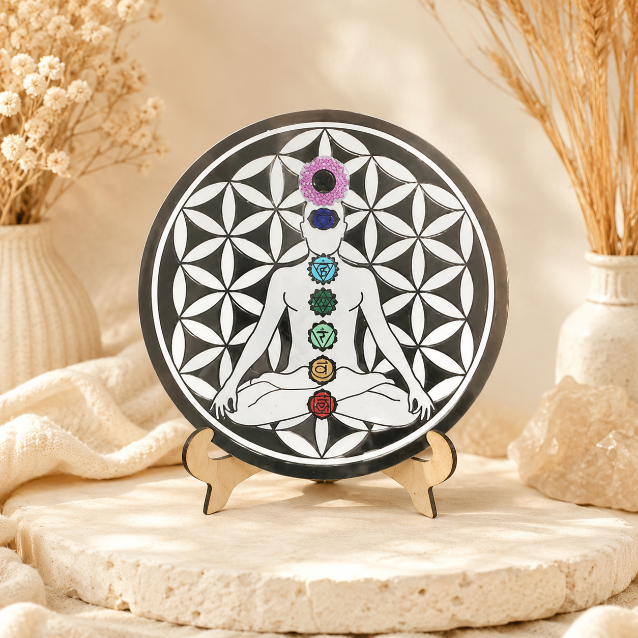 Plaque de rechargement Méditation – Fleur de Vie & 7 Chakras