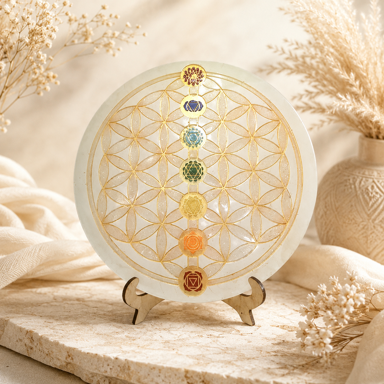 Plaque de rechargement  – Fleur de Vie & 7 Chakras