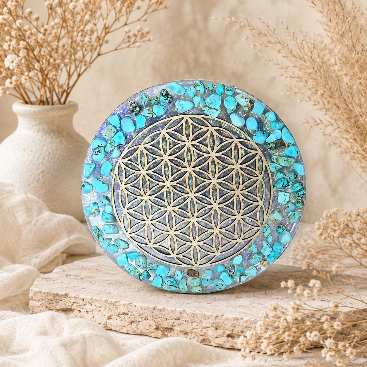 Plaque de rechargement Fleur de Vie – Howlite Turquoise