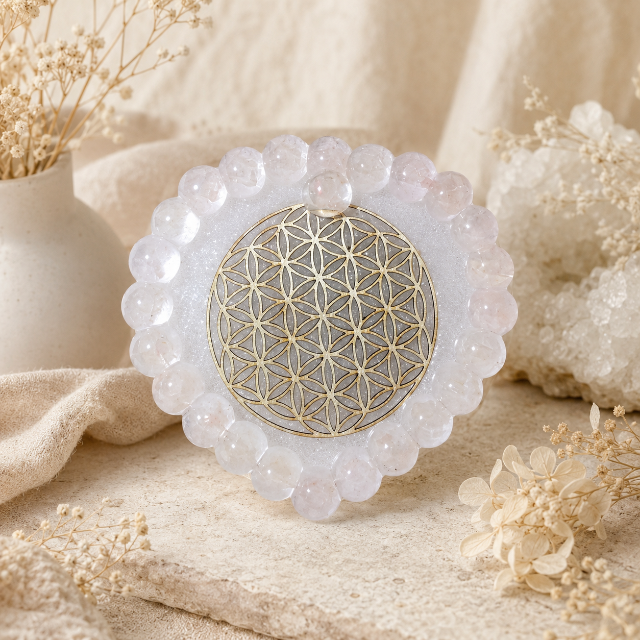 Plaque de rechargement Cœur Fleur de Vie - Quartz rose