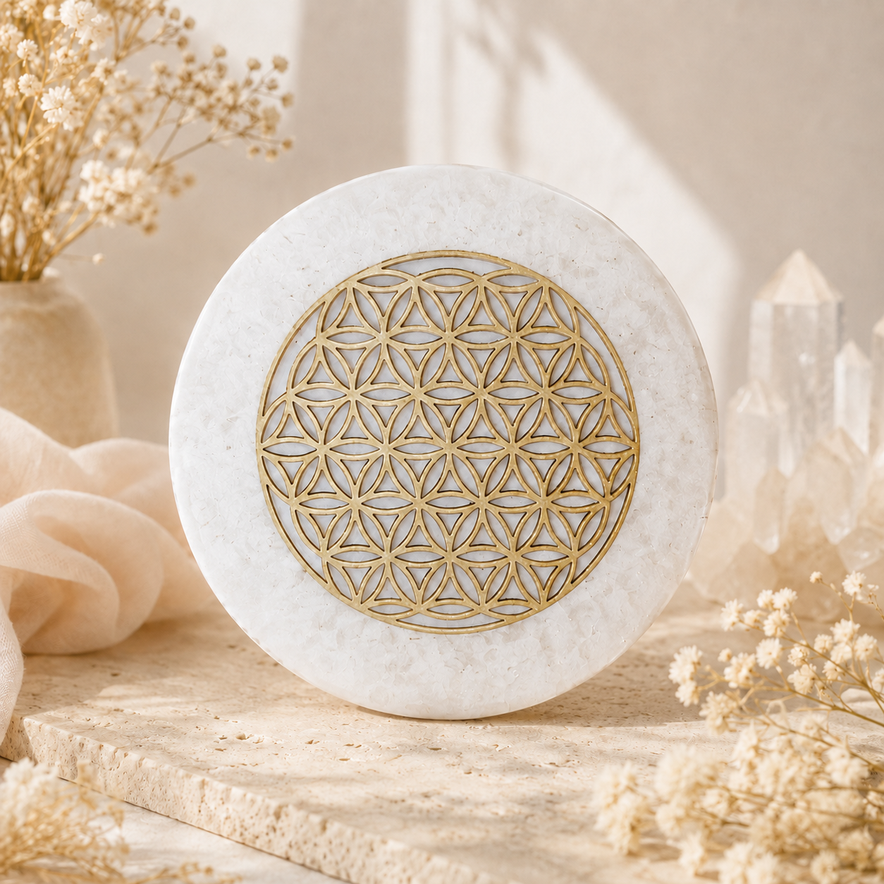Plaque de rechargement Fleur de Vie – Cristal de roche