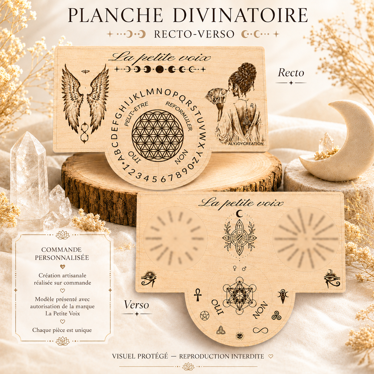 Exemple de planche divinatoire personnalisée recto verso en bois