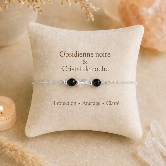 Bracelet Obsidienne Noire & Cristal De Roche