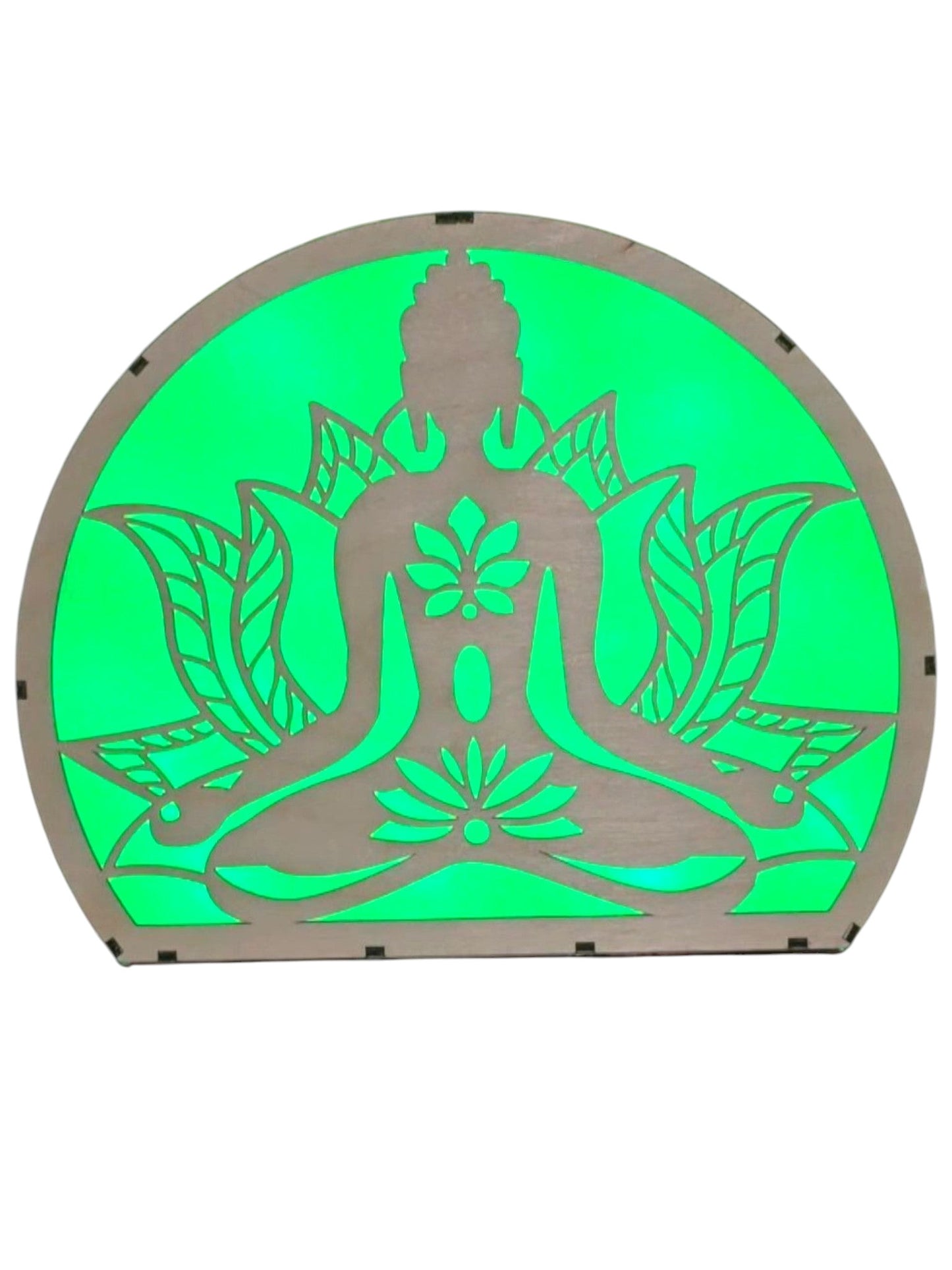 Lampe décorative AlyJoyCreation en bois avec silhouette de Bouddha et fleur de lotus diffusant une lumière  zen