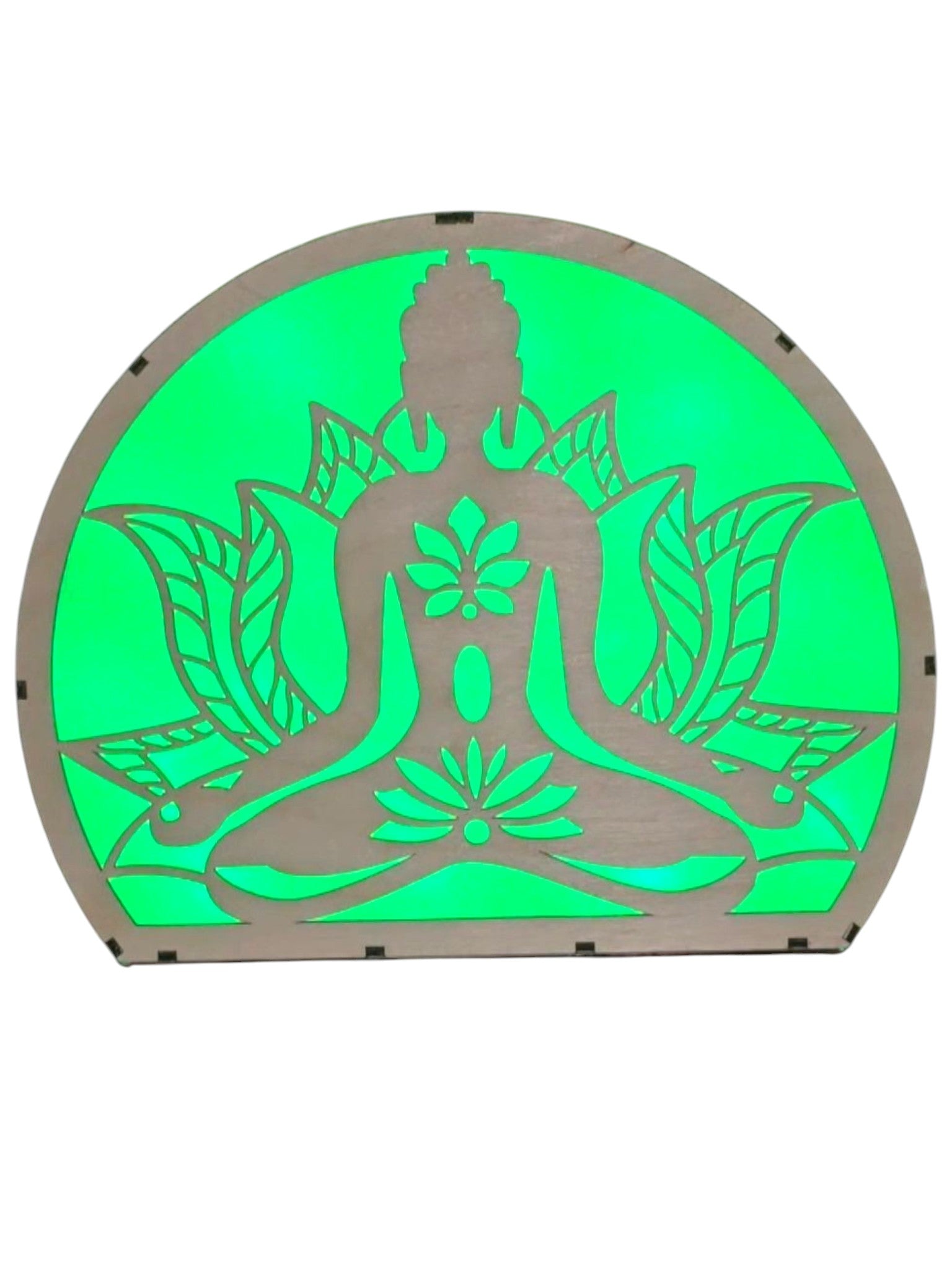 Lampe décorative AlyJoyCreation en bois avec silhouette de Bouddha et fleur de lotus diffusant une lumière  zen