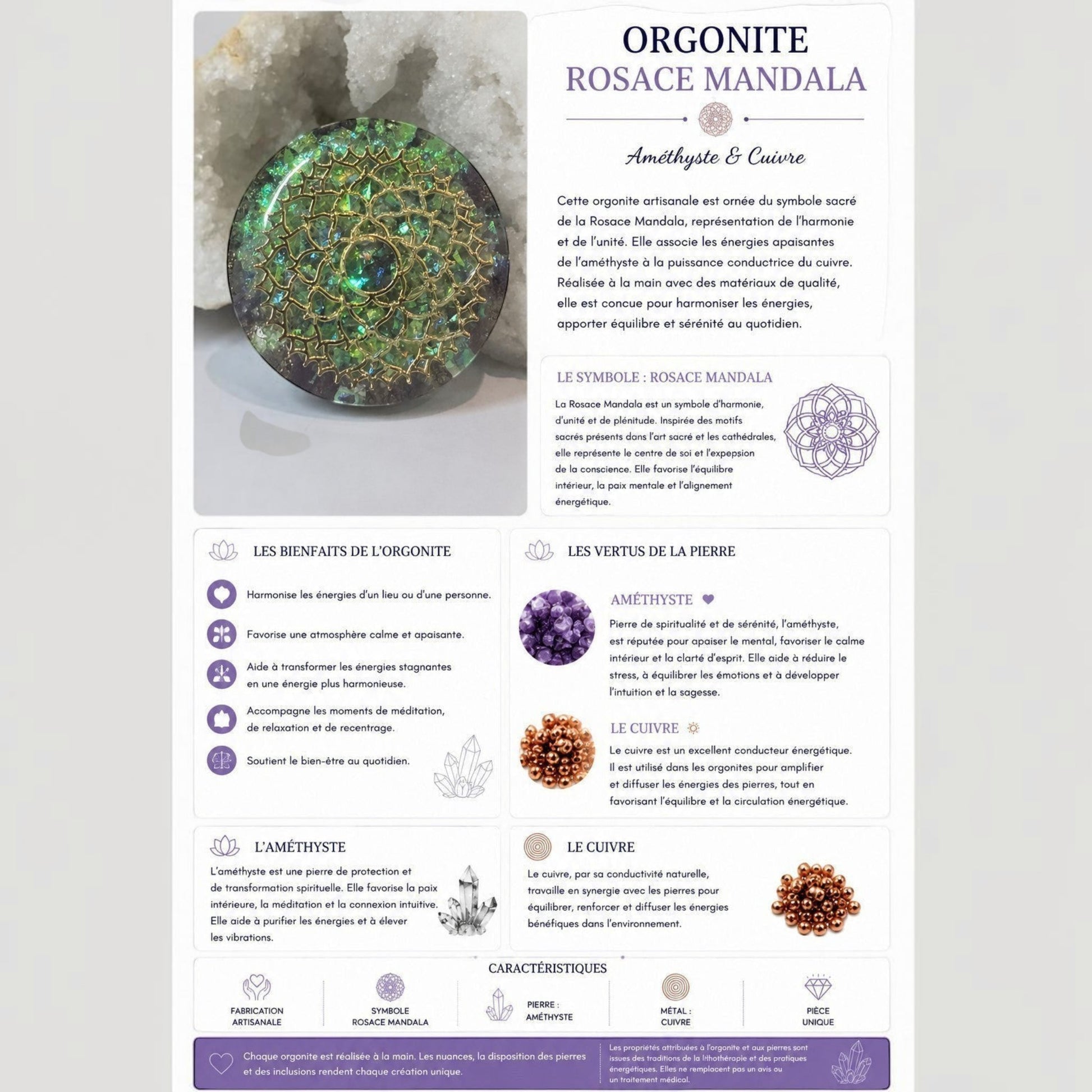 Orgonite AlyJoyCreation ronde avec motif rosace mandala en cuivre et pierres d'améthyste violettes pour la méditation