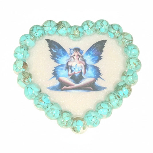 Vide-poche AlyJoyCreation en forme de cœur orné de pierres naturelles de howlite bleu et illustration de fée mystique