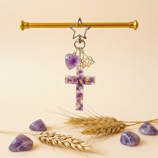 Bijou de sac / porte-clés améthyste, croix et cœur