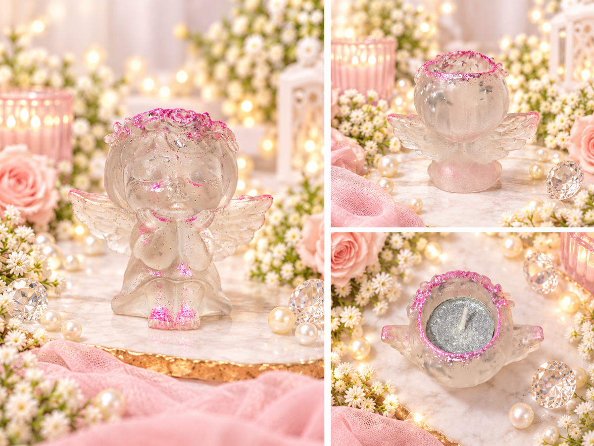 Bougeoir ange en résine transparent paillettes rose et feuille argent