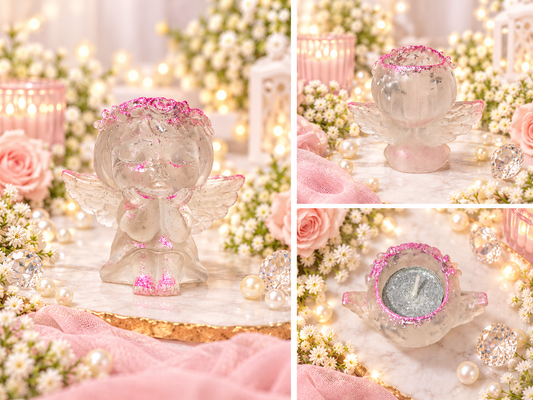 Bougeoir ange en résine transparent paillettes rose et feuille argent