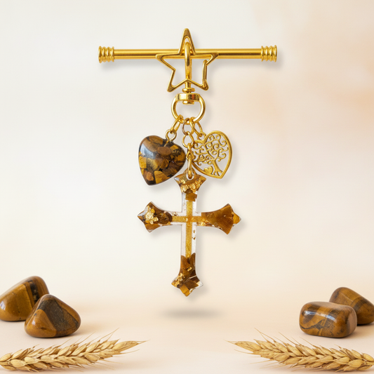 Bijou de sac / porte-clés œil de tigre, croix et cœur