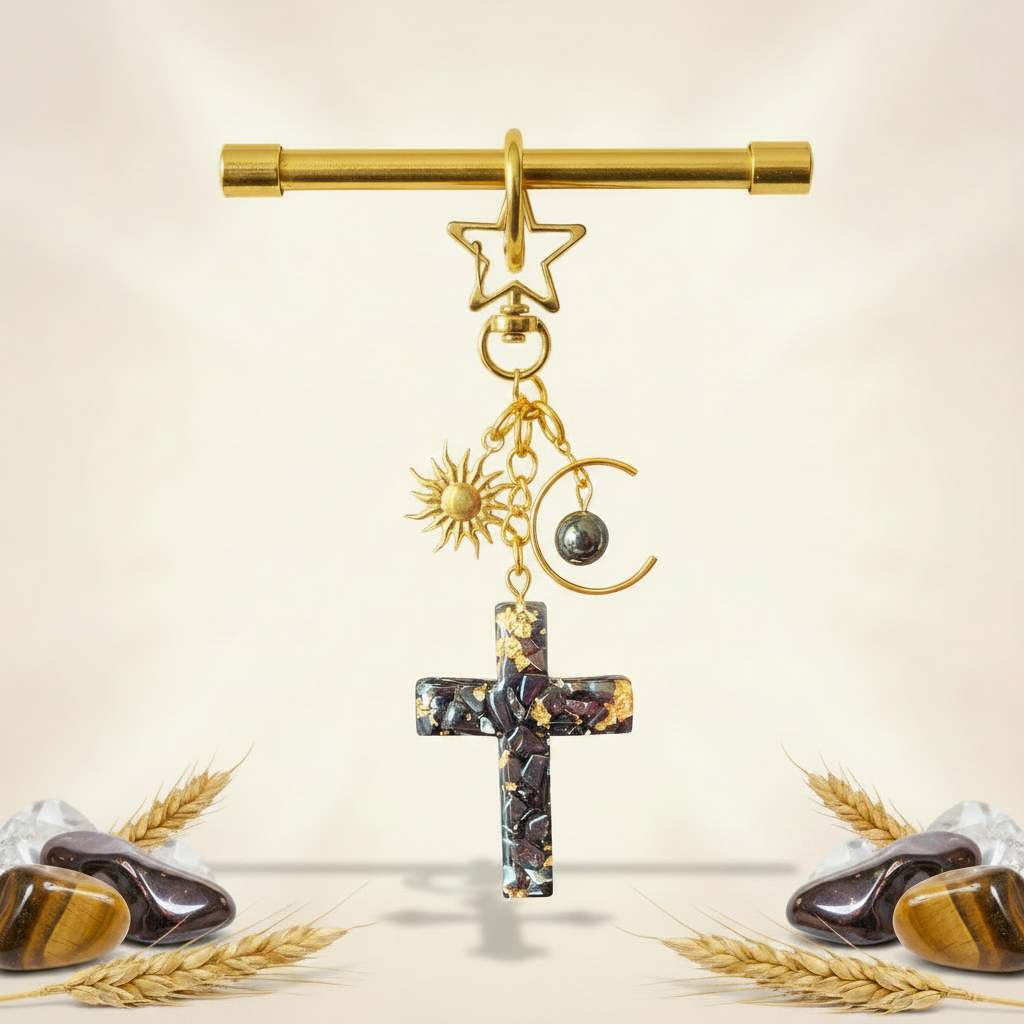 Bijou de sac / porte-clés hématite, croix soleil et lune