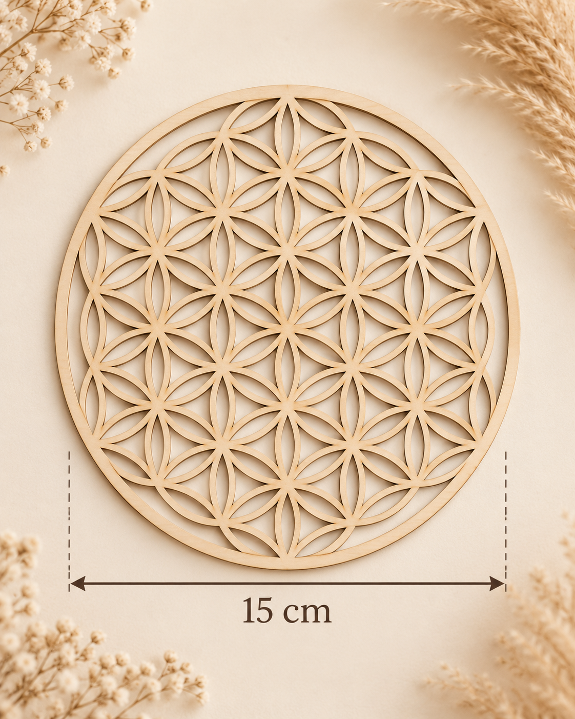 Planche Fleur de Vie ronde en bois ajouré de 15 cm, indication du diamètre