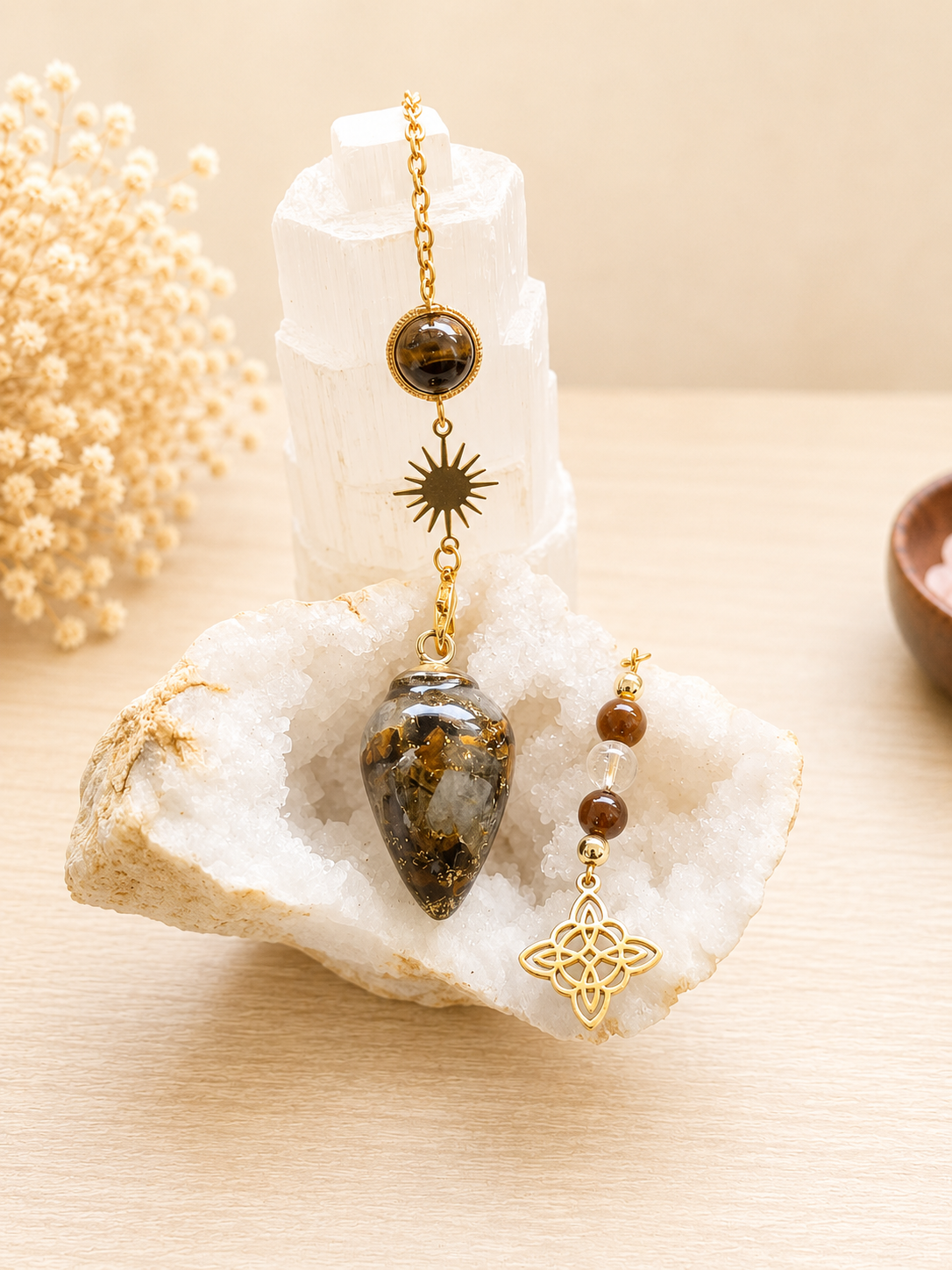 Pendule en orgonite Œil de tigre & Citrine